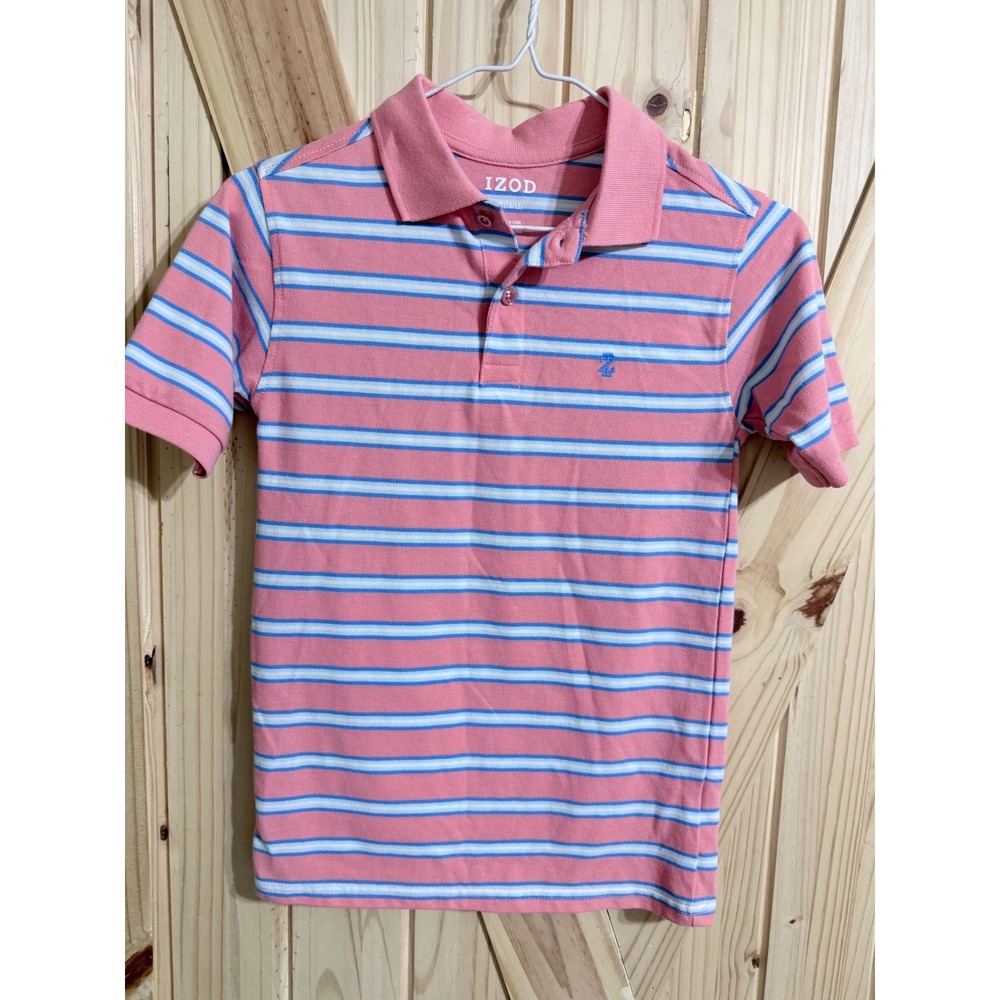 IZOD Boys Pink Striped Pique Polo Shirt Short Sleeve Size M 10/12